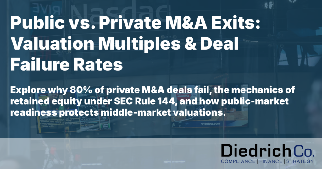 Explore why 80% of private M&A deals fail, the mechanics of retained equity under SEC Rule 144, and how public-market readiness protects middle-market valuations.